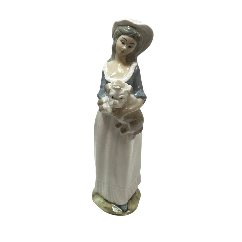 Tengra Valencia Spain Porcelain Figurine Woman Holding Dog Blue White 10 in